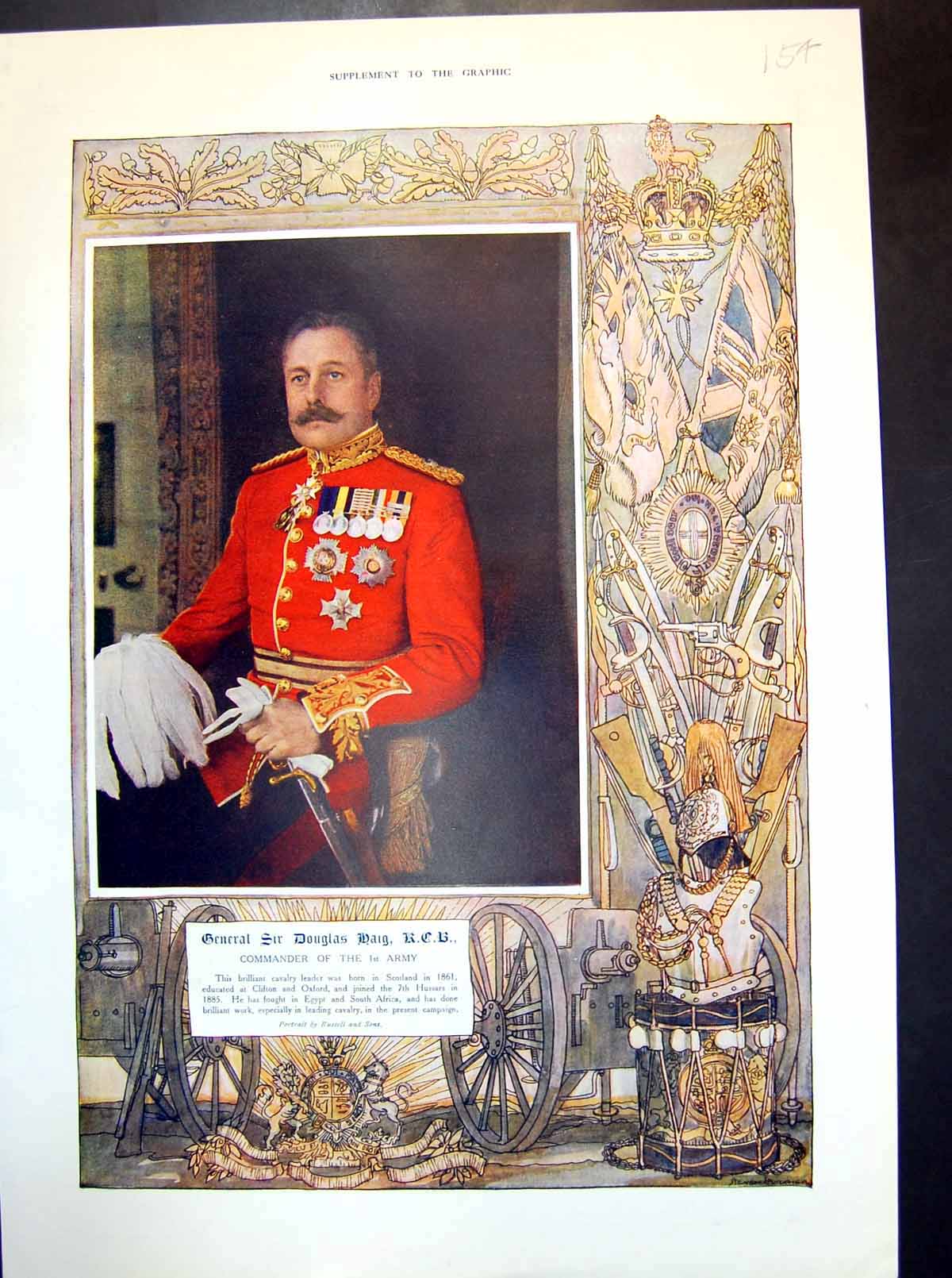 Antique Old Print Portrait General Sir Douglas Haig Kcb Commander 1St Army