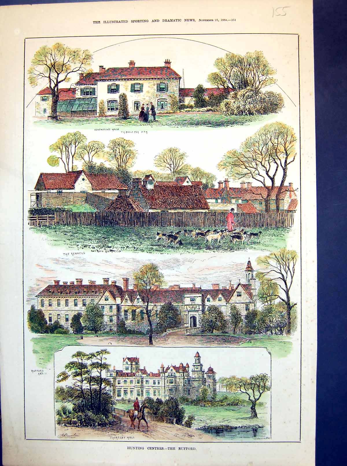 Antique Old Print Hunting Centres The Rufford Edwinstowe House Kennels 1885