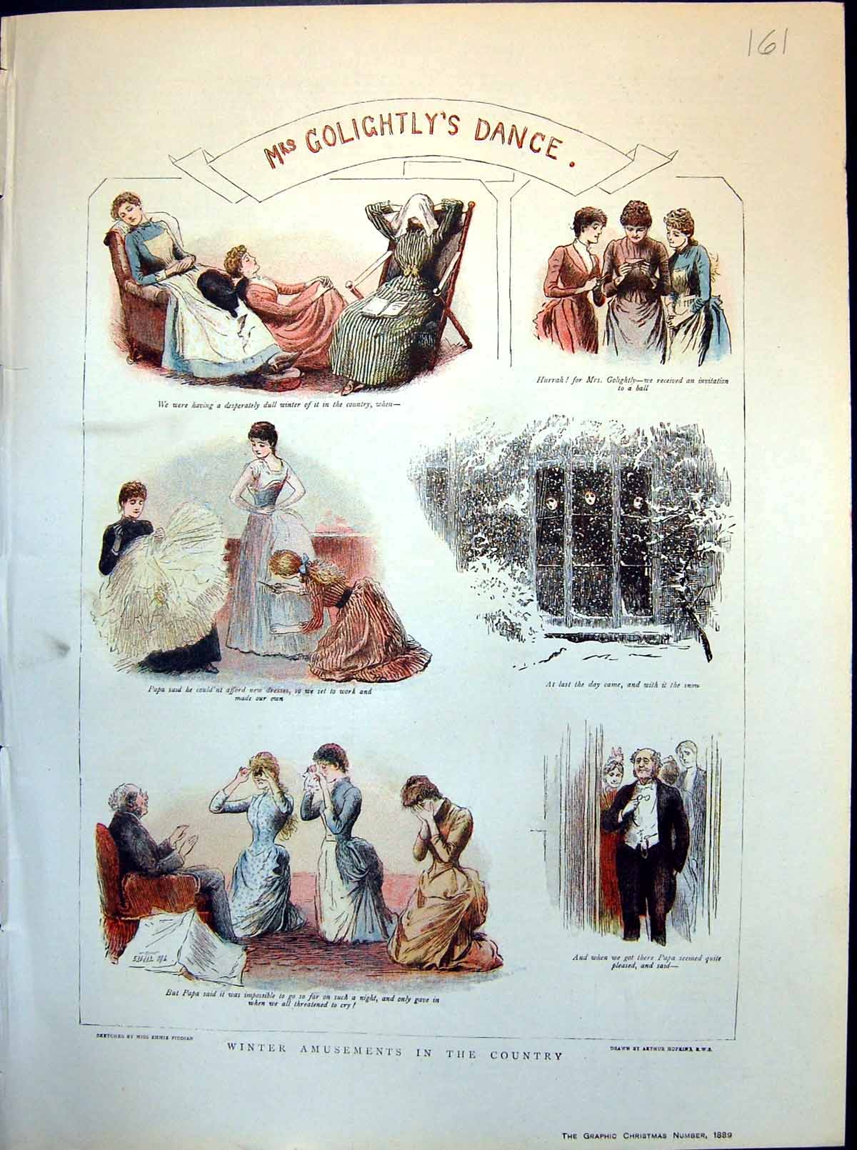 Antique Old Print Mrs Golightly'S Dance Making Own Dresses Night Snow 1889 19th