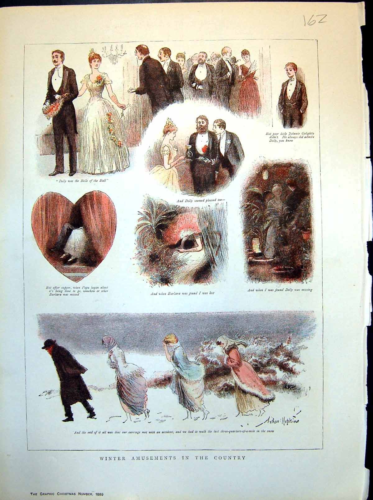 Old Print Mrs Golightly'S Dance Belle Ball Disappear Walk Home Snow 1889 19th