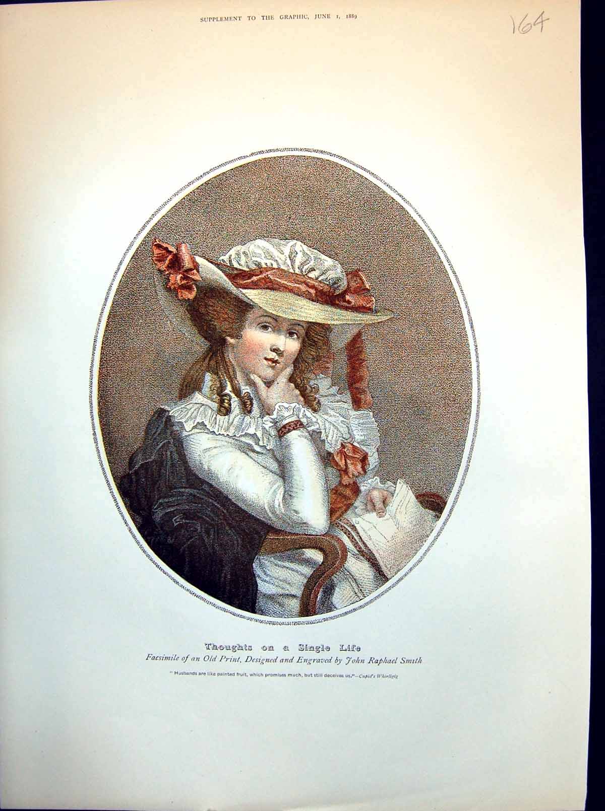 Old Print Young Lady Pondering A Single Life Beribboned Hat Ruffles 1889 19th