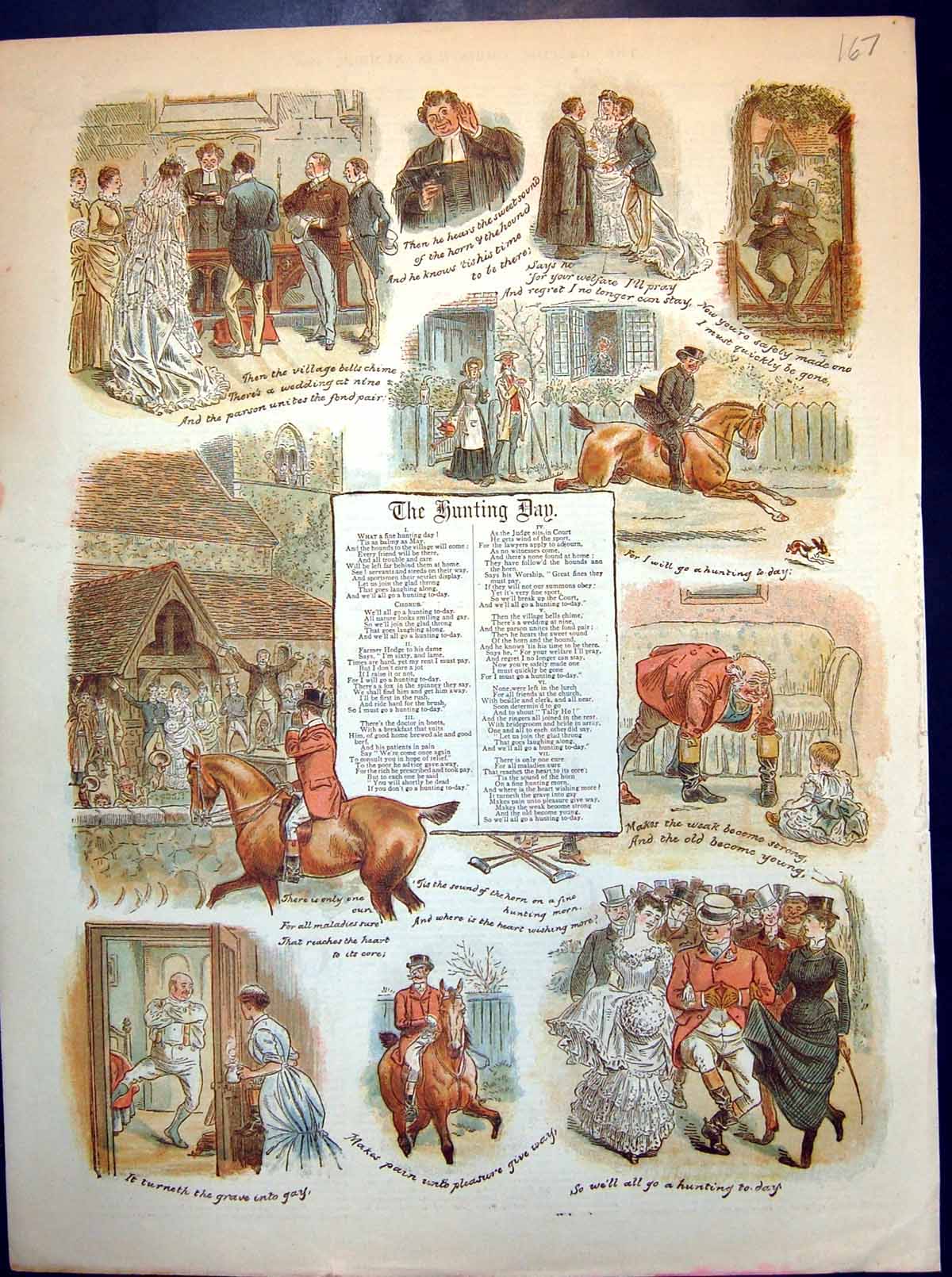 Old Print Hunting Day Village Wedding Vicar Hunt Riding Past Church 1886 19th