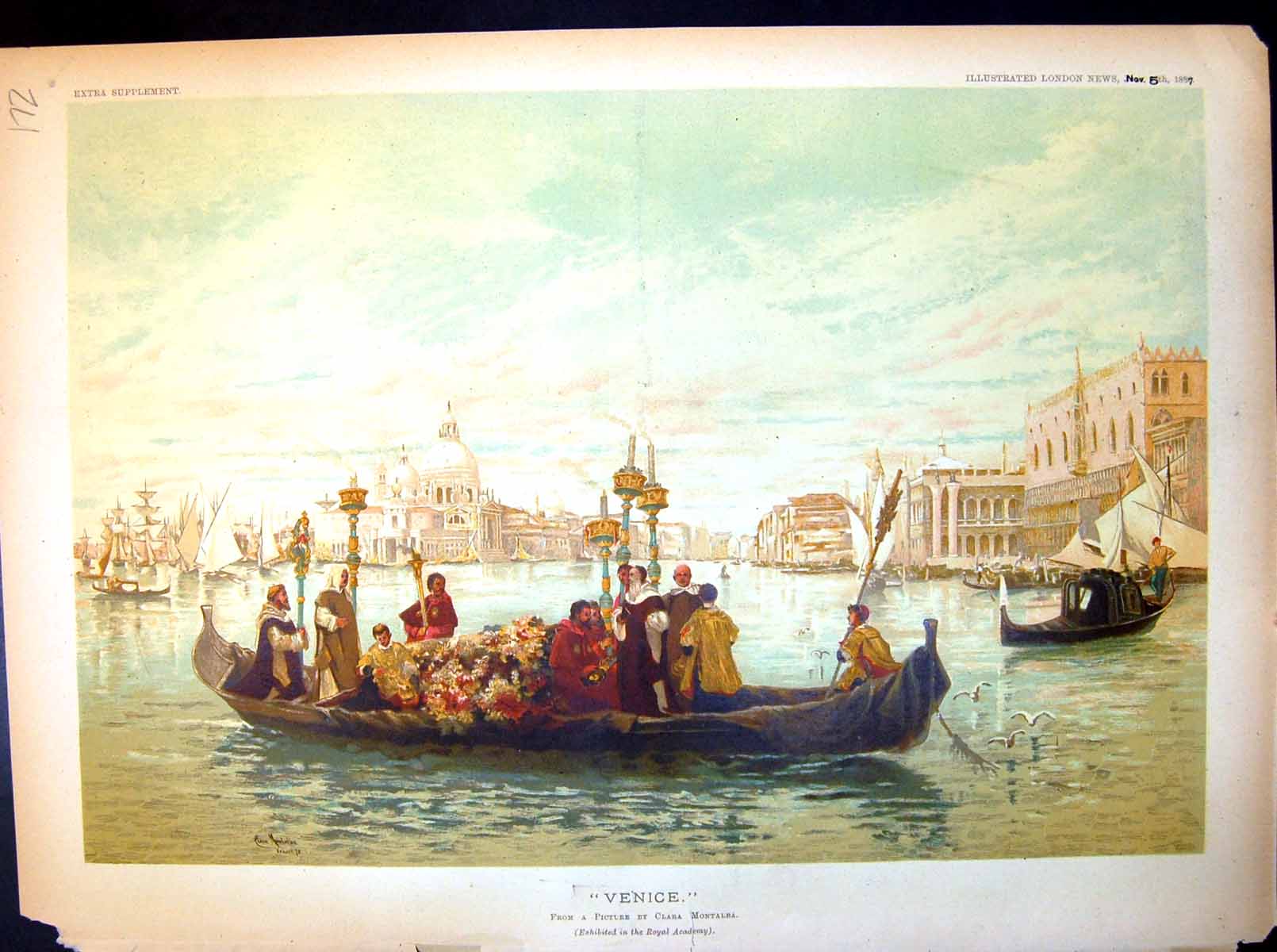 Antique Print Venice Picture Clara Montalba Gondola Flowers Cathedral 1887 19th