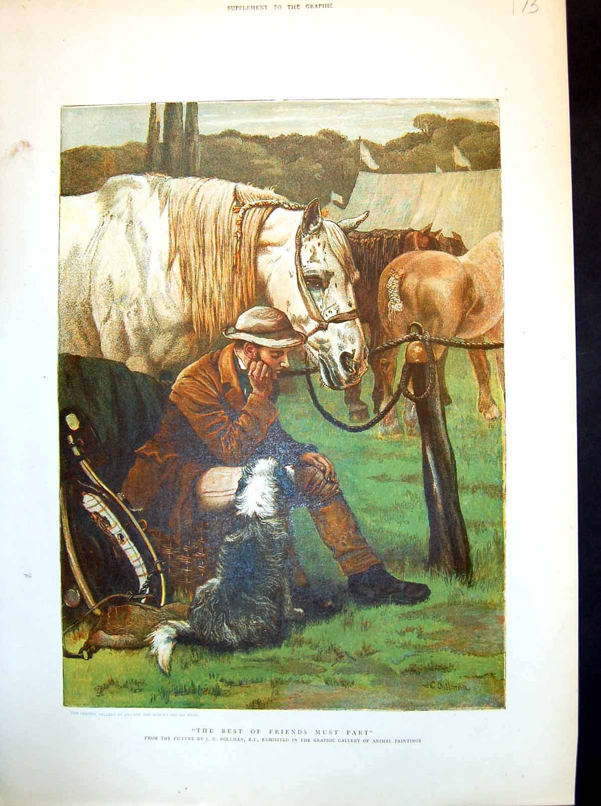 Original Old Antique Print Best Friends Must Part Jc Dollman Horses Lad Dog