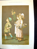 Original Old Antique Print Roses And Lilies Three Children Basket Flowers 1880