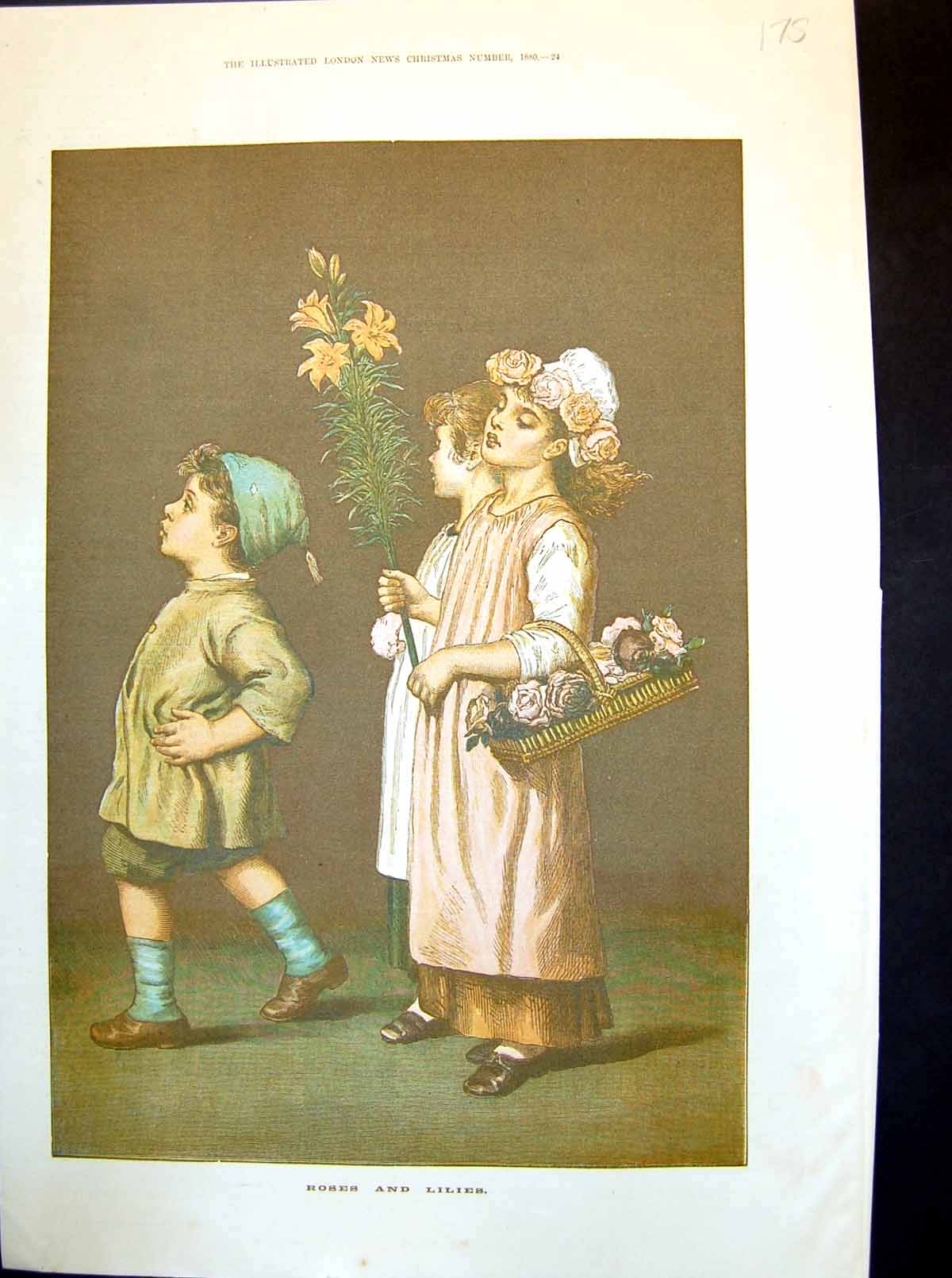 Original Old Antique Print Roses And Lilies Three Children Basket Flowers 1880
