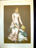 Original Old Antique Print First Steps Mother Daughter Dress Big Bow Child 1880
