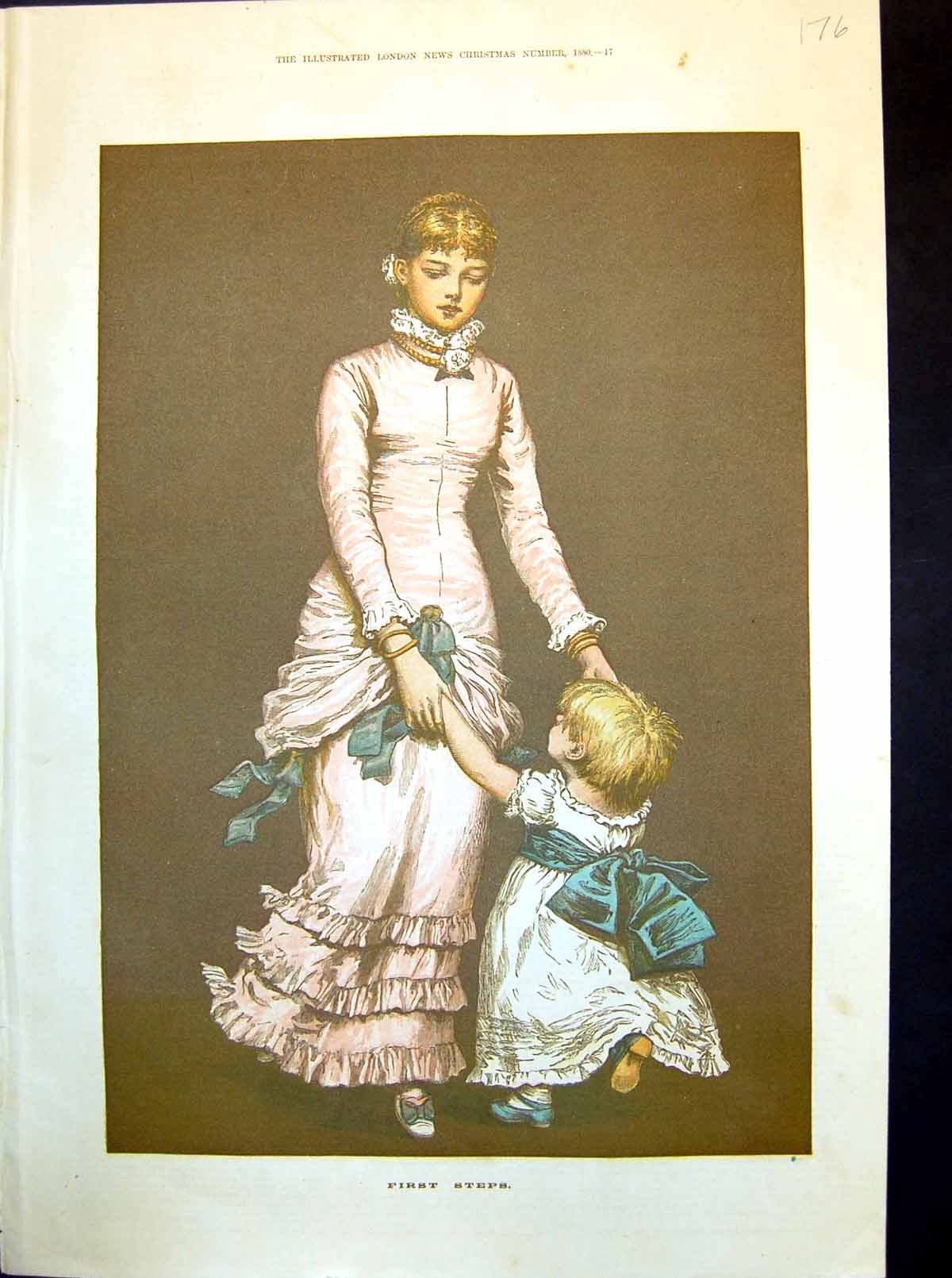 Original Old Antique Print First Steps Mother Daughter Dress Big Bow Child 1880