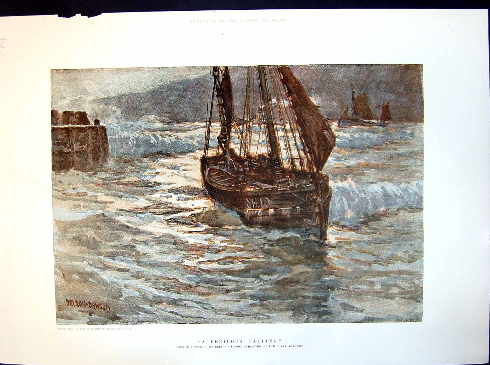 Antique Old Print Nelson Dawson A Perilous Calling Sailing Boat Returns 1891