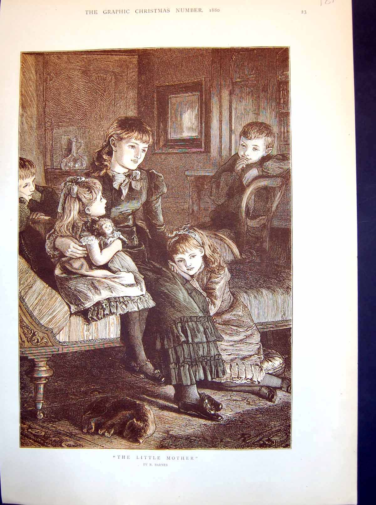 Old Print The Little Mother R Barnes Four Children Fireside Cat Doll 1880 19th