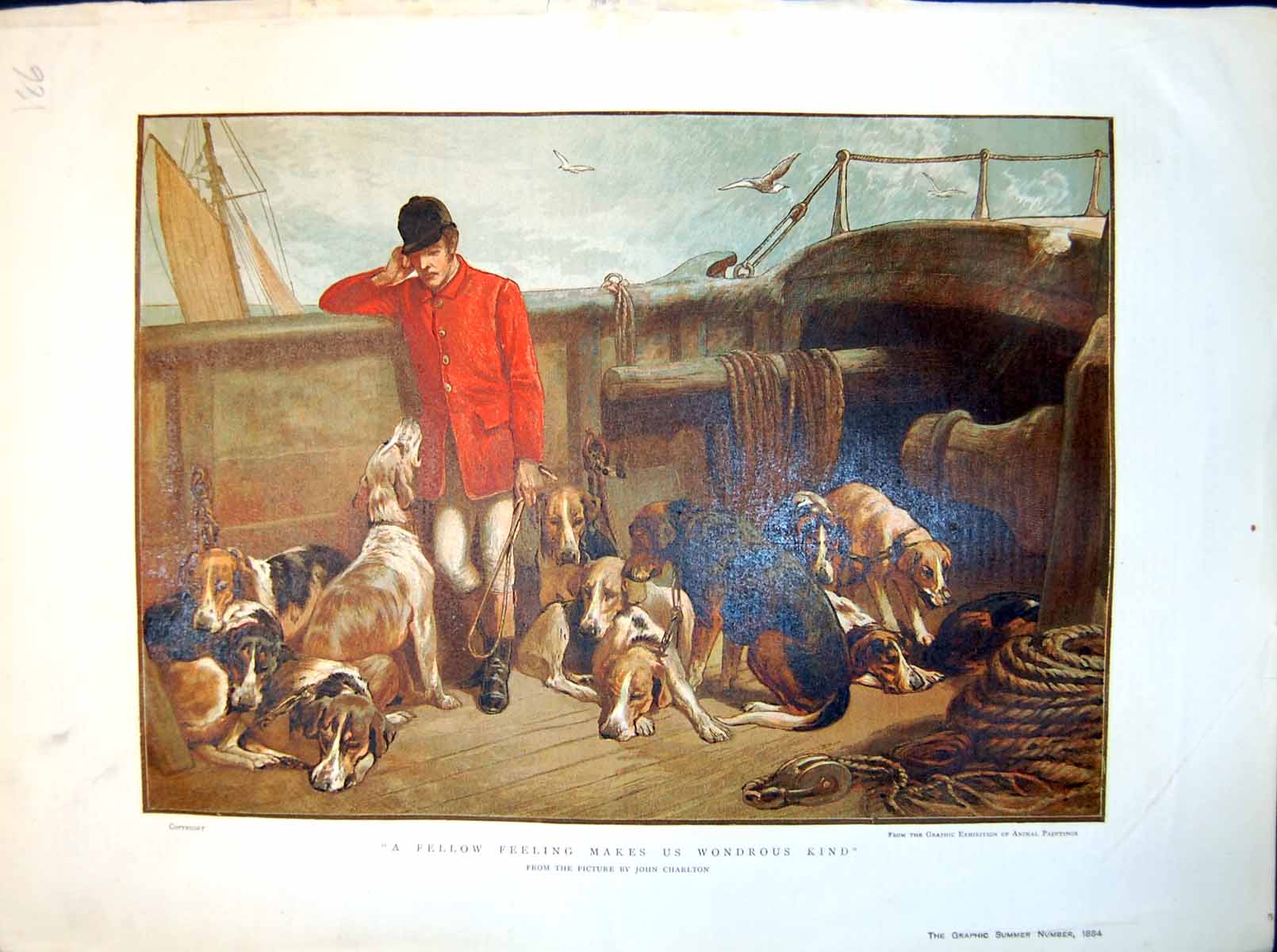 Antique Print Huntsman Hounds Aboard Ship John Charlton Fellow Feeling 1884