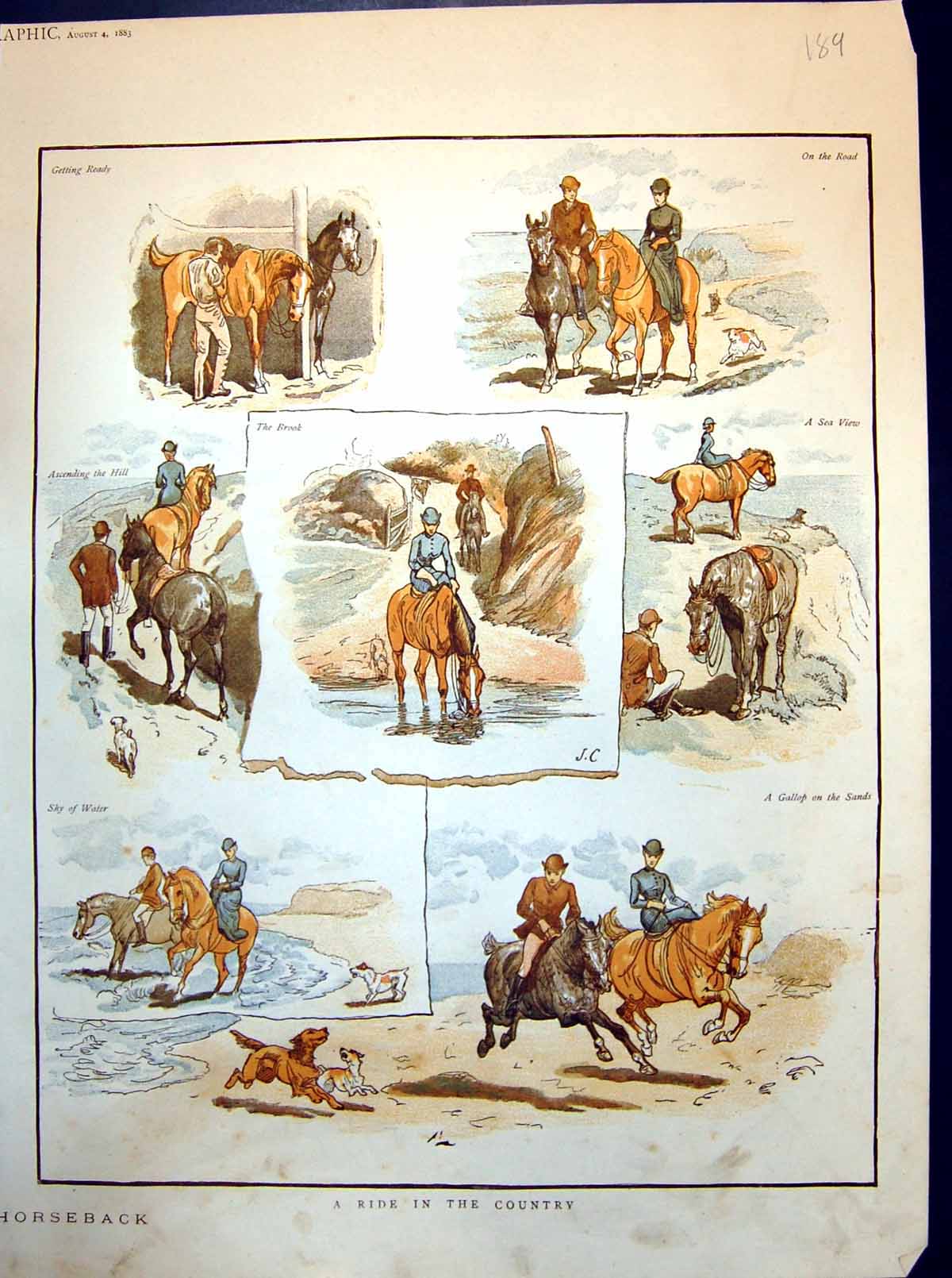 Antique Print A Ride In The Country Gallop On The Sands Horses Riders 1883 19th