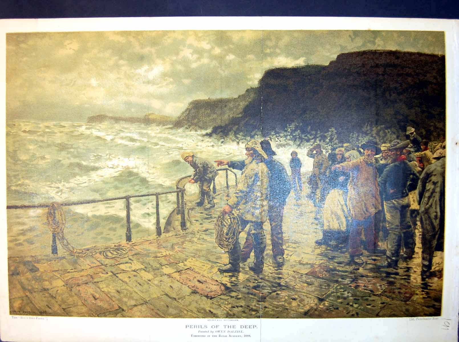 Old Antique Print Perils The Deep Owen Dalziel Fishermen Quayside Ropes 20th