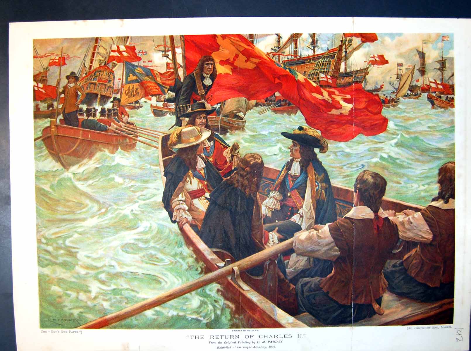 Old Antique Print The Return Charles Ii Cm Padday Boats Flags Ship Rowing 20th