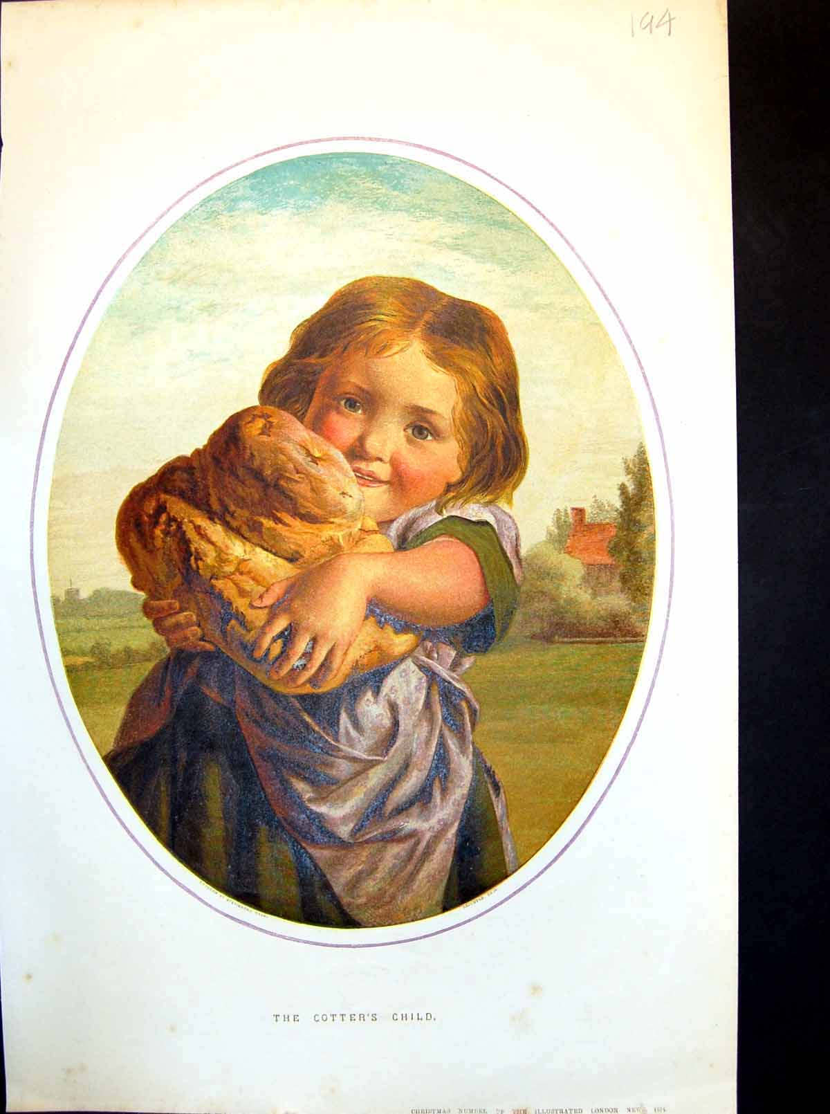 Old Print The Cotter'S Child Cheery Faced Young Lass With Loaf Bread 1874 19th