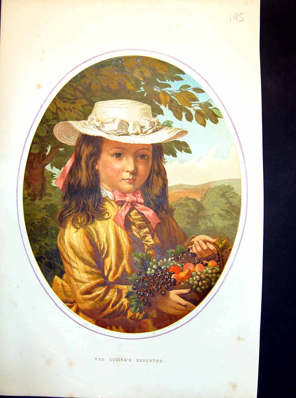 Old The Squire'S Daughter Young Lass Ribboned Hat Basket Grapes 1874 Victorian