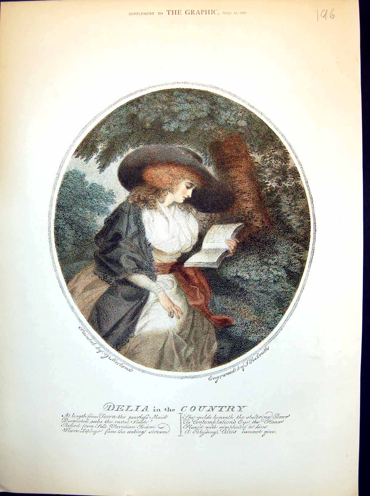 Antique Old Print Delia In The Country Lady Beneath Tree Reading Book 1886 19th