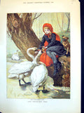 Antique Print Our Frozen Out Pets Girl Red Cape Feeding Swans Icy Lake 1880