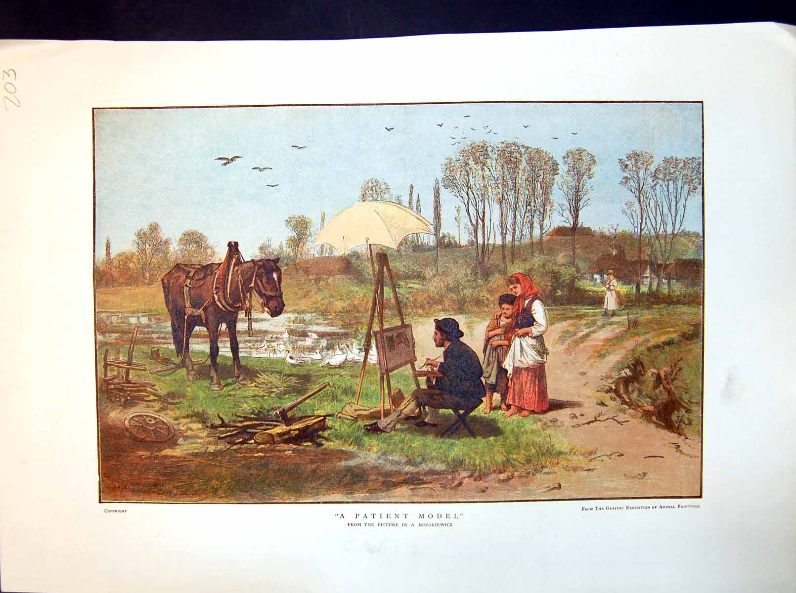Antique Print A Patient Model A Kozakiewicz Painting Tethered Horse Outside