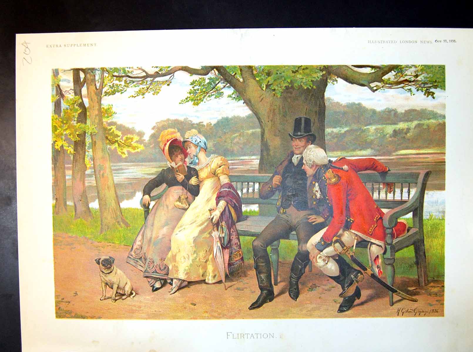 Old Print Flirtation Hg Glindoni Two Ladies And Gentlemen Park Bench 1890 19th