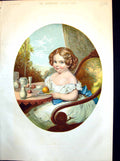 Old Little Girl Daisy Table Orange Grapes Glass Milk Lacy Dress 1857 Victorian