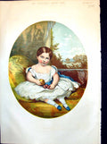 Old Print Little Girl Ada Seated Window Seat Orange Fruit Lacy Dress 1857 19th