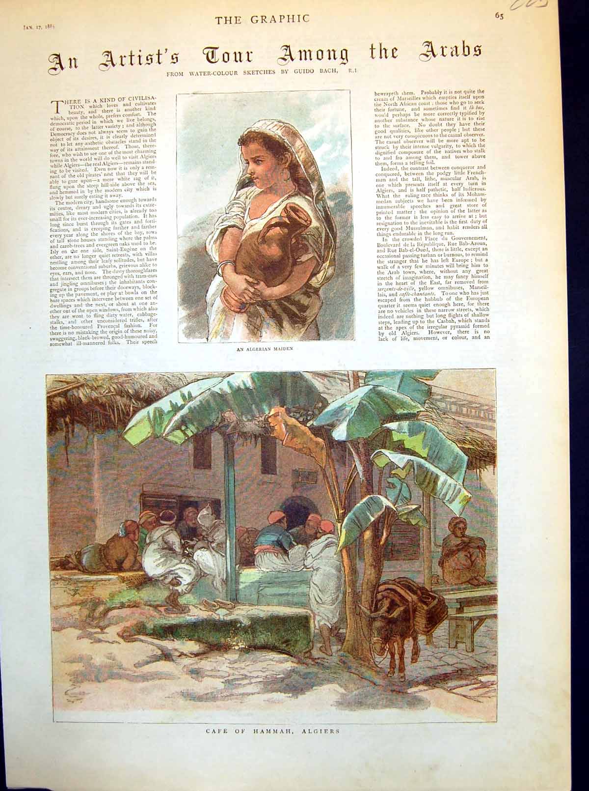 Antique Print Algerian Maiden Cafe Hammah Algiers Palm Tree Men Seated 1885