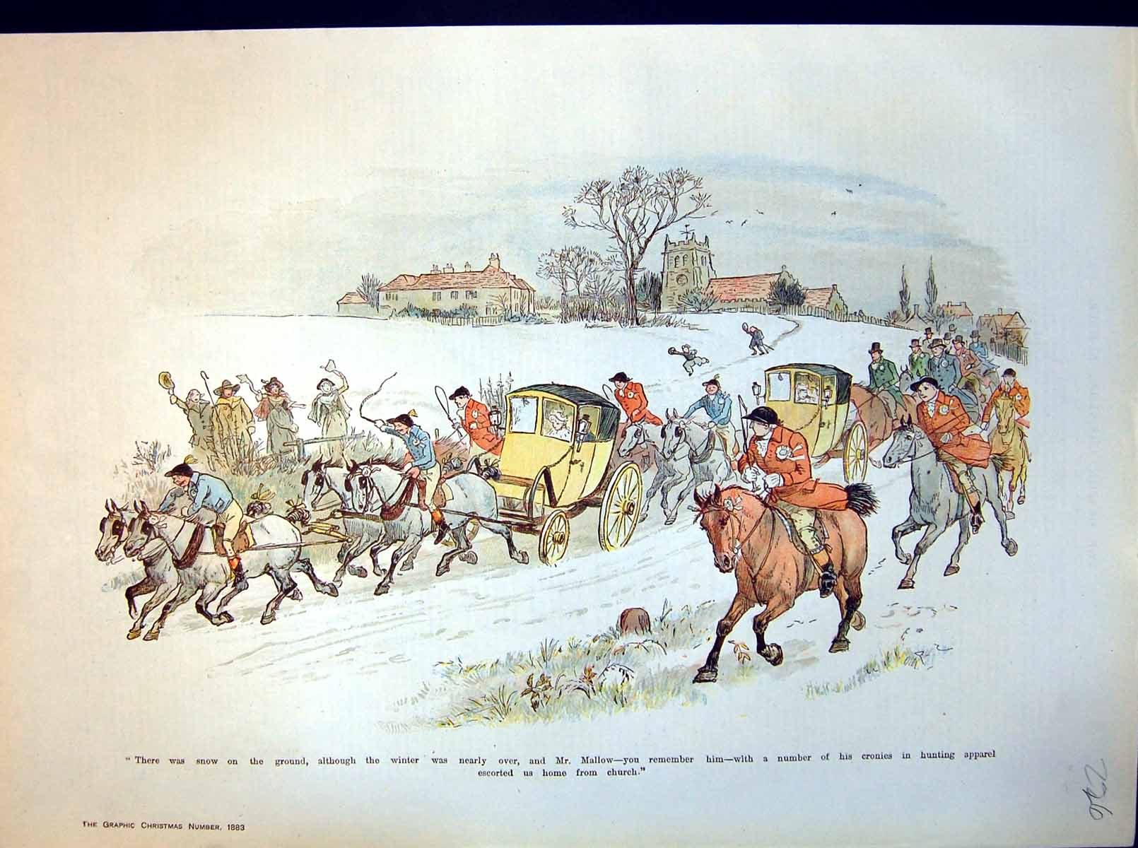 Antique Old Print Newly Married Couple Escorted Home Church Local Hunt 1883