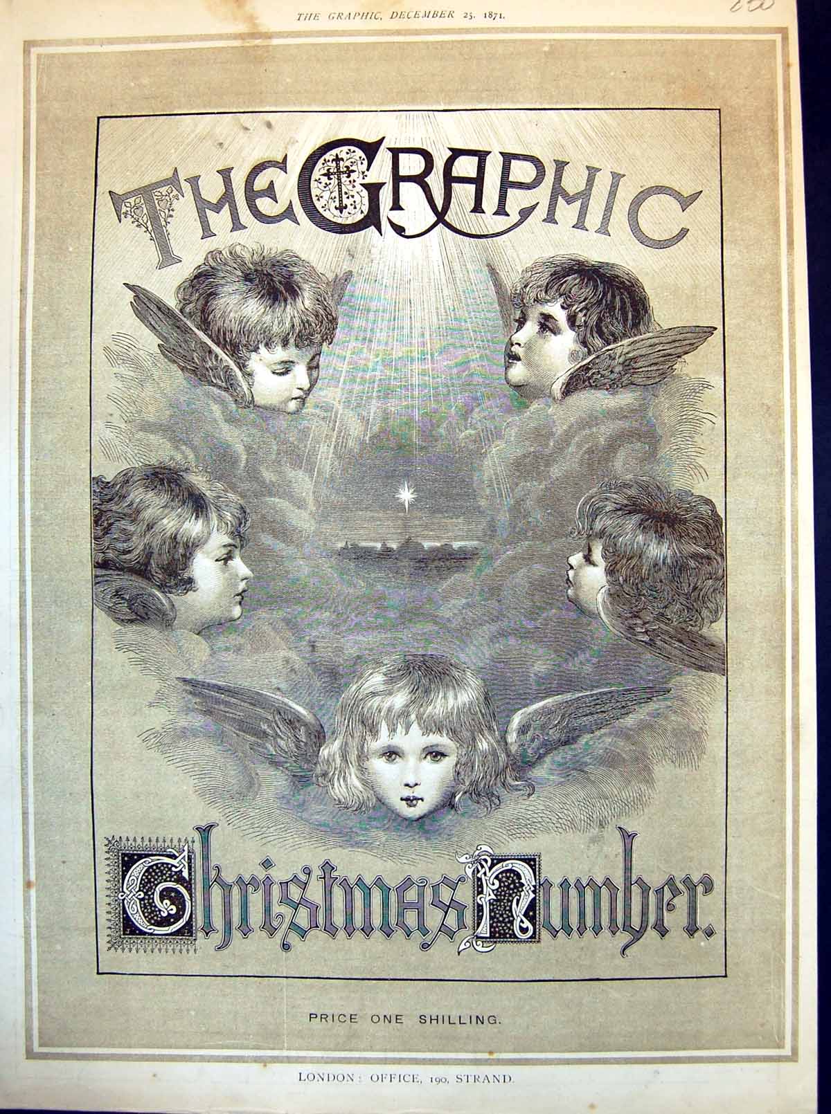 Antique Old Print Christmas Number Frontispiece Cherubic Children Angels 1871