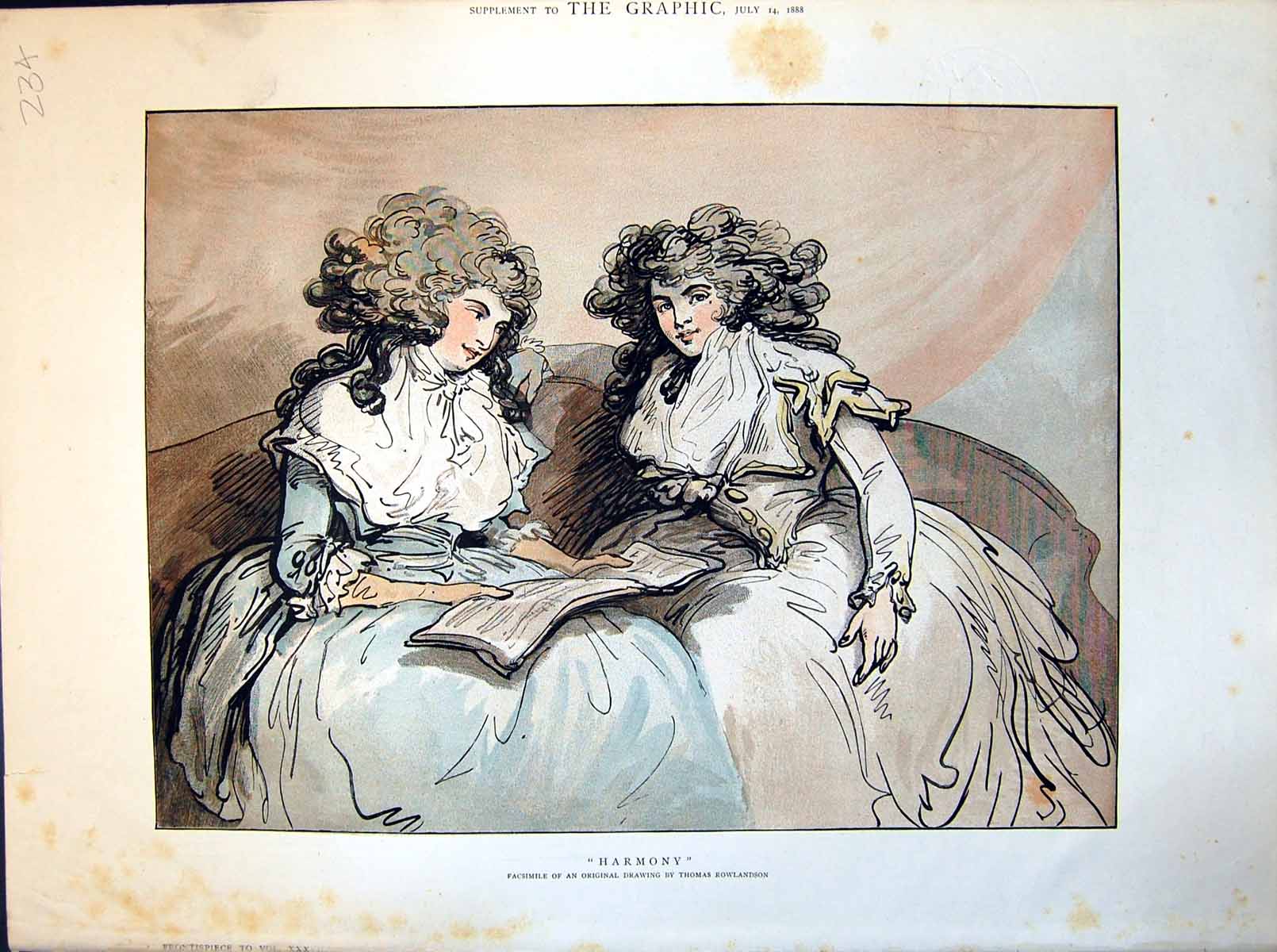 Original Old Antique Print Harmony Two Ladies Curled Hair T Rowlandson 1888
