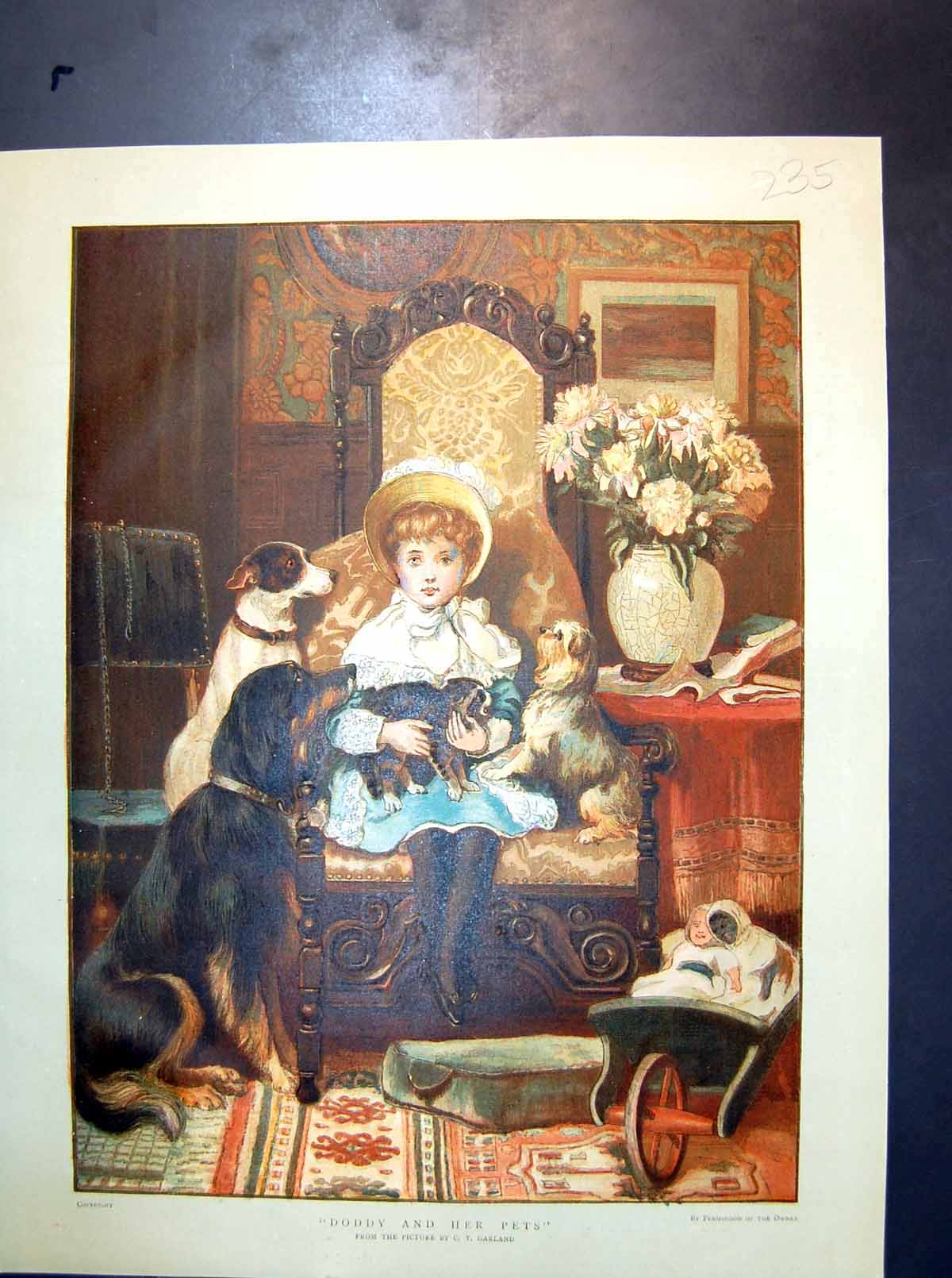Antique Old Print Doddy And Her Pets Ct Garland Little Girl Seated Dogs Cat