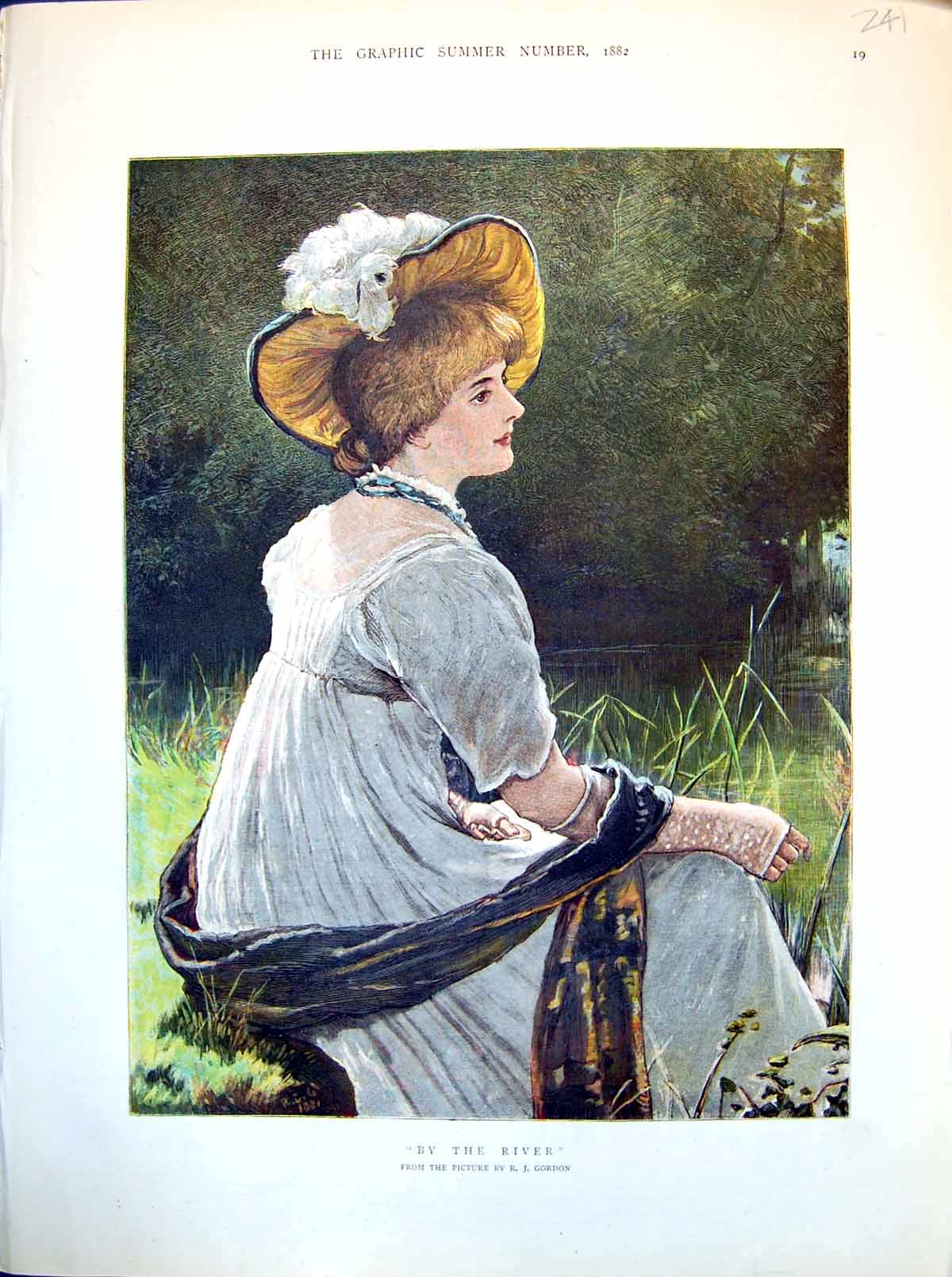 Antique Old Print By The River From Picture Rj Gordon Lady Seated Bank 1882