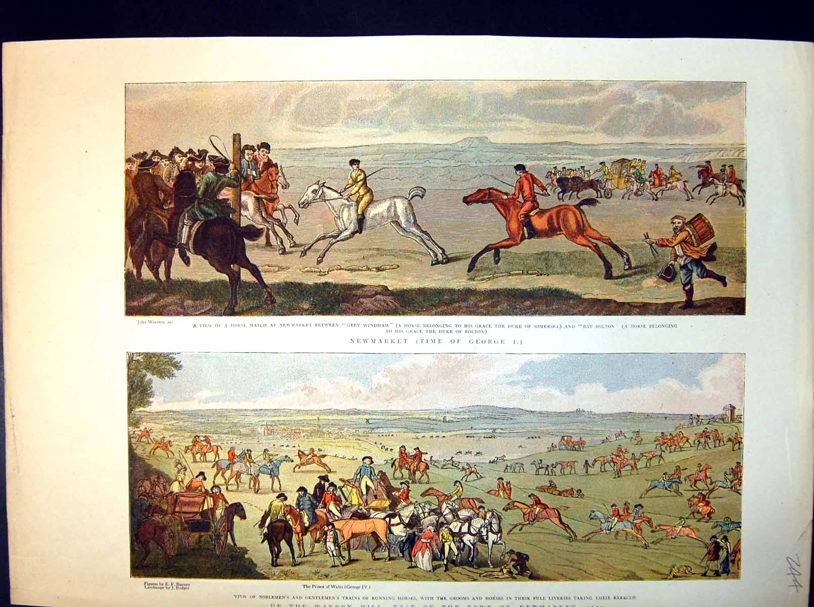 Antique Old Print Newmarket Time George I Up Warren Hill Exercising Horses