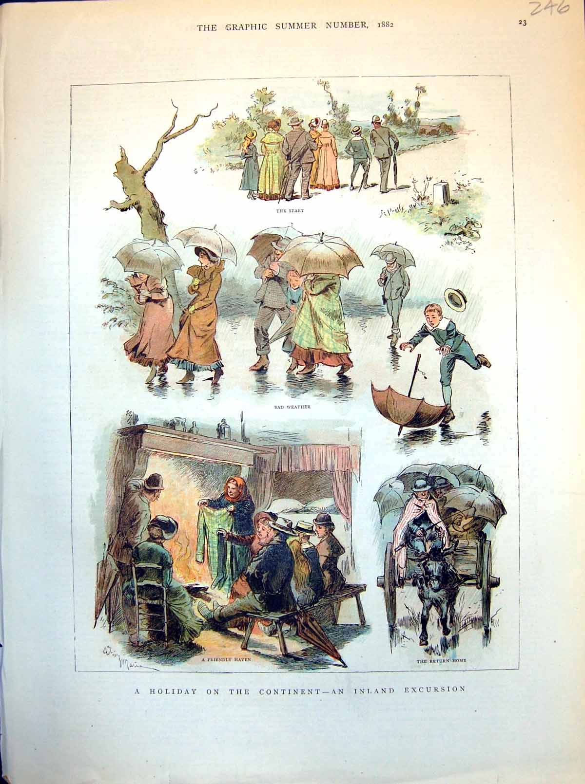 Antique Old Print Holiday On The Continent Inland Excursion Bad Weather 1882