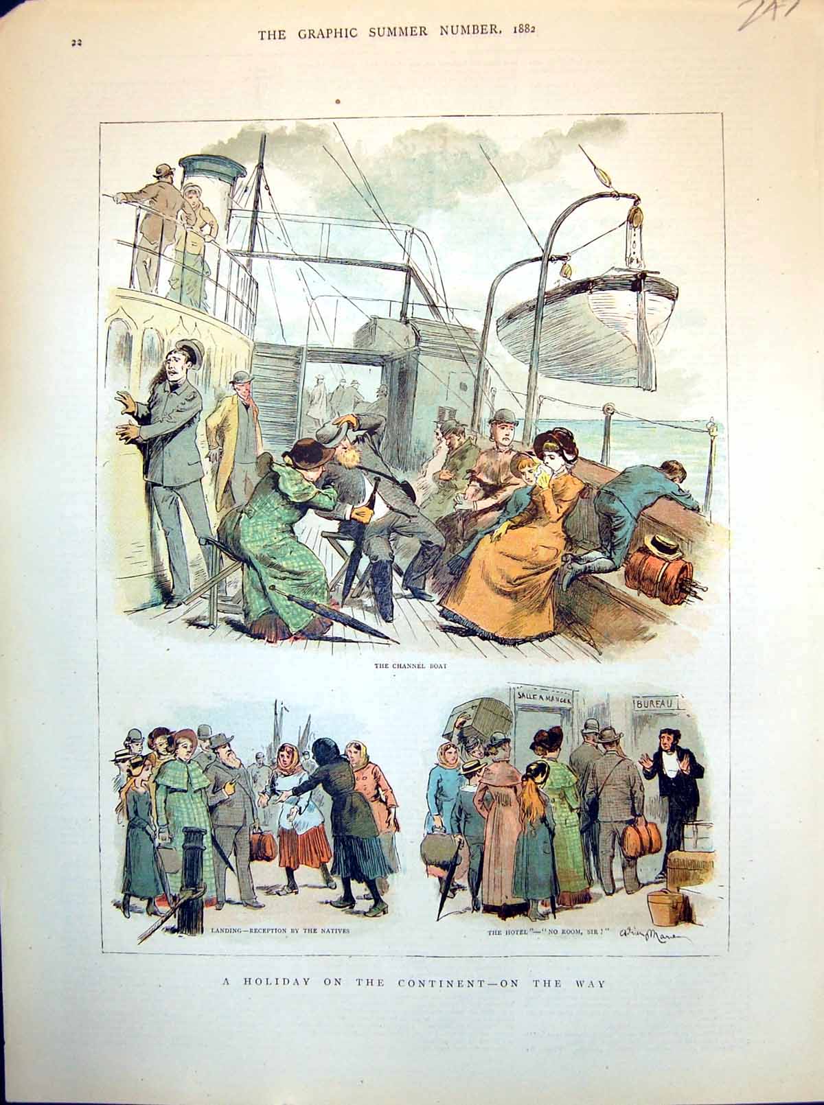 Antique Print Holiday On The Continent Channel Boat Landing The Hotel 1882 19th