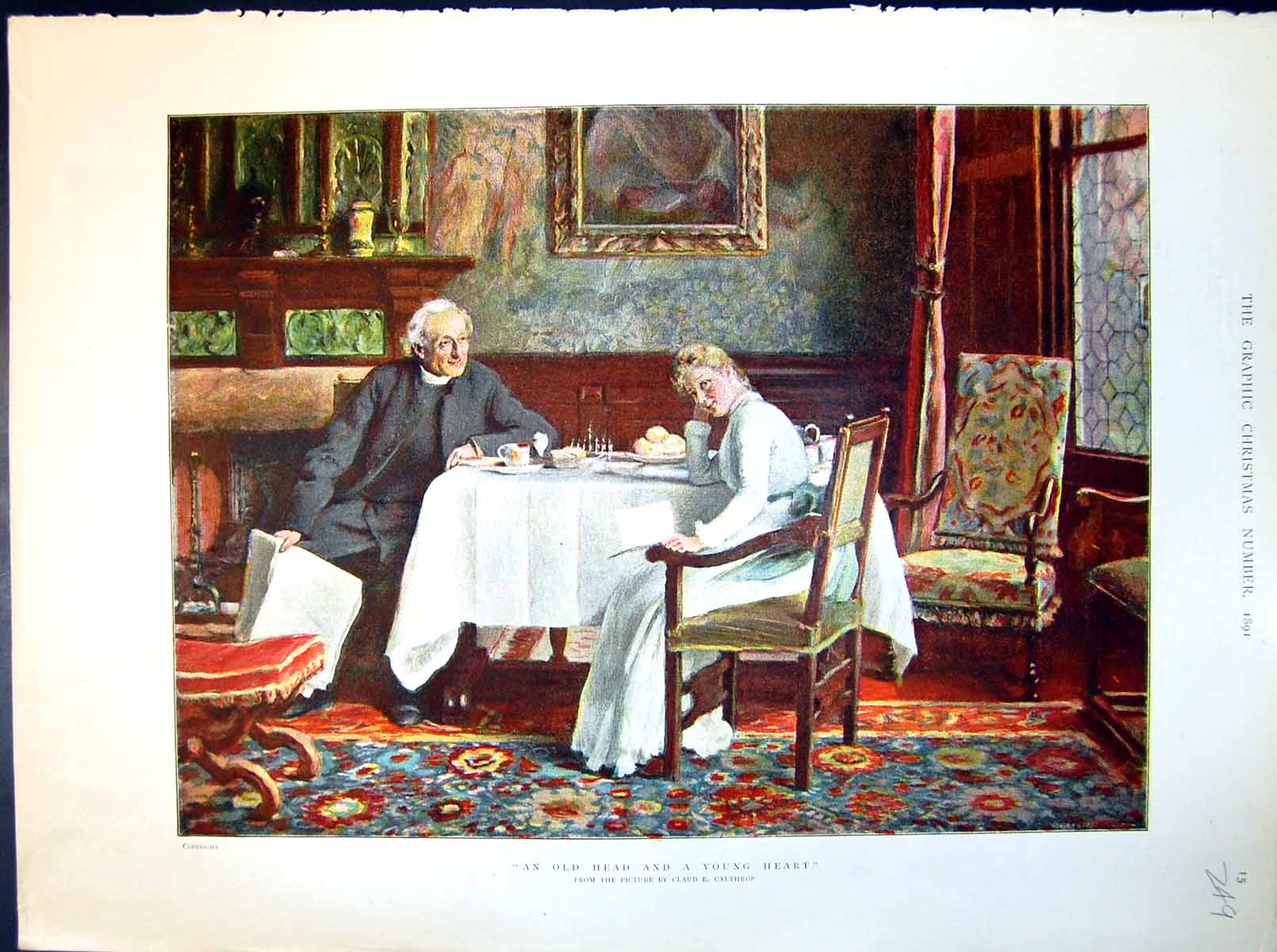Antique Old Print Claud E. Calthrop Head Young Heart Vicar Young Lady 1891 19th