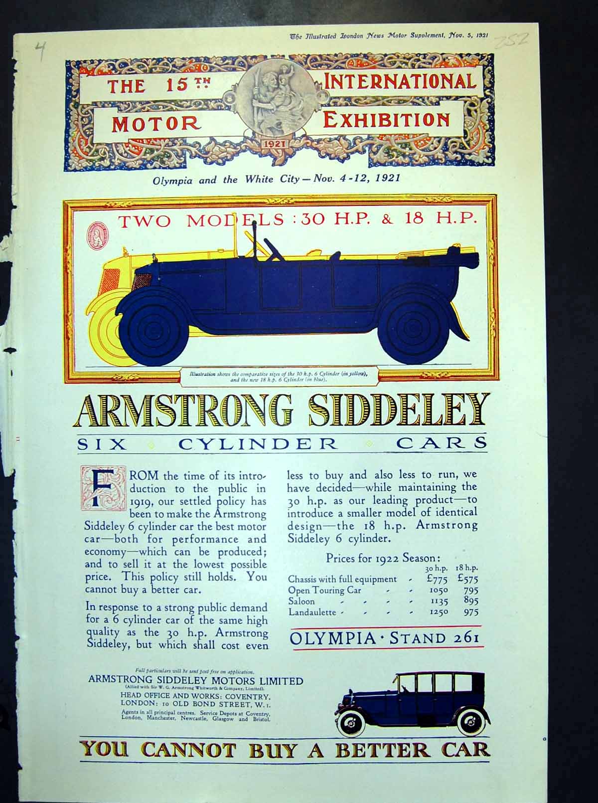 Old Vintage Print Armstrong Siddeley Six Cylinder Cars Advertisement 1921 20th