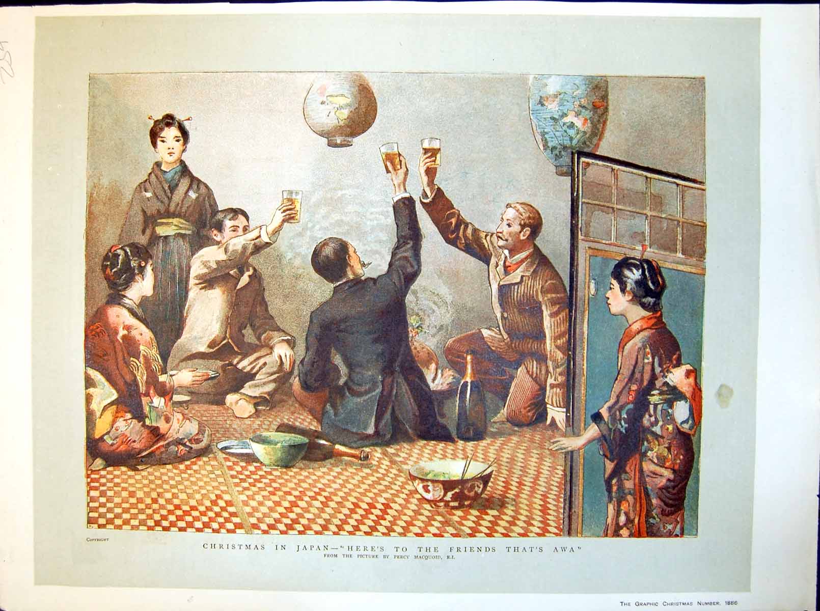 Antique Print Christmas Toast In Japan Men Seated Floor Percy Macquoid 1886