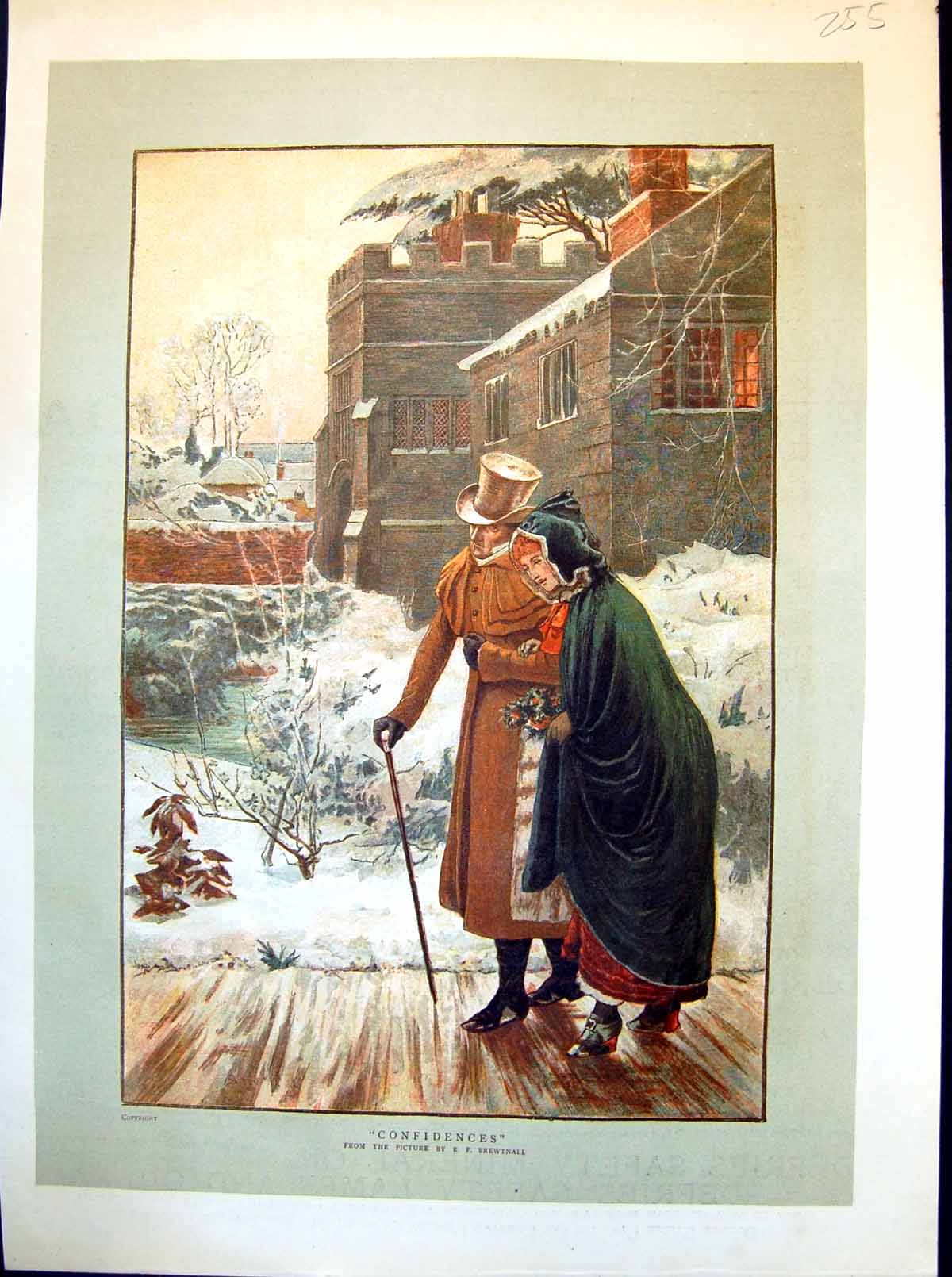 Antique Old Print Confidences Ef Brewtnall Gentleman Top Hat Lady Cape 1886