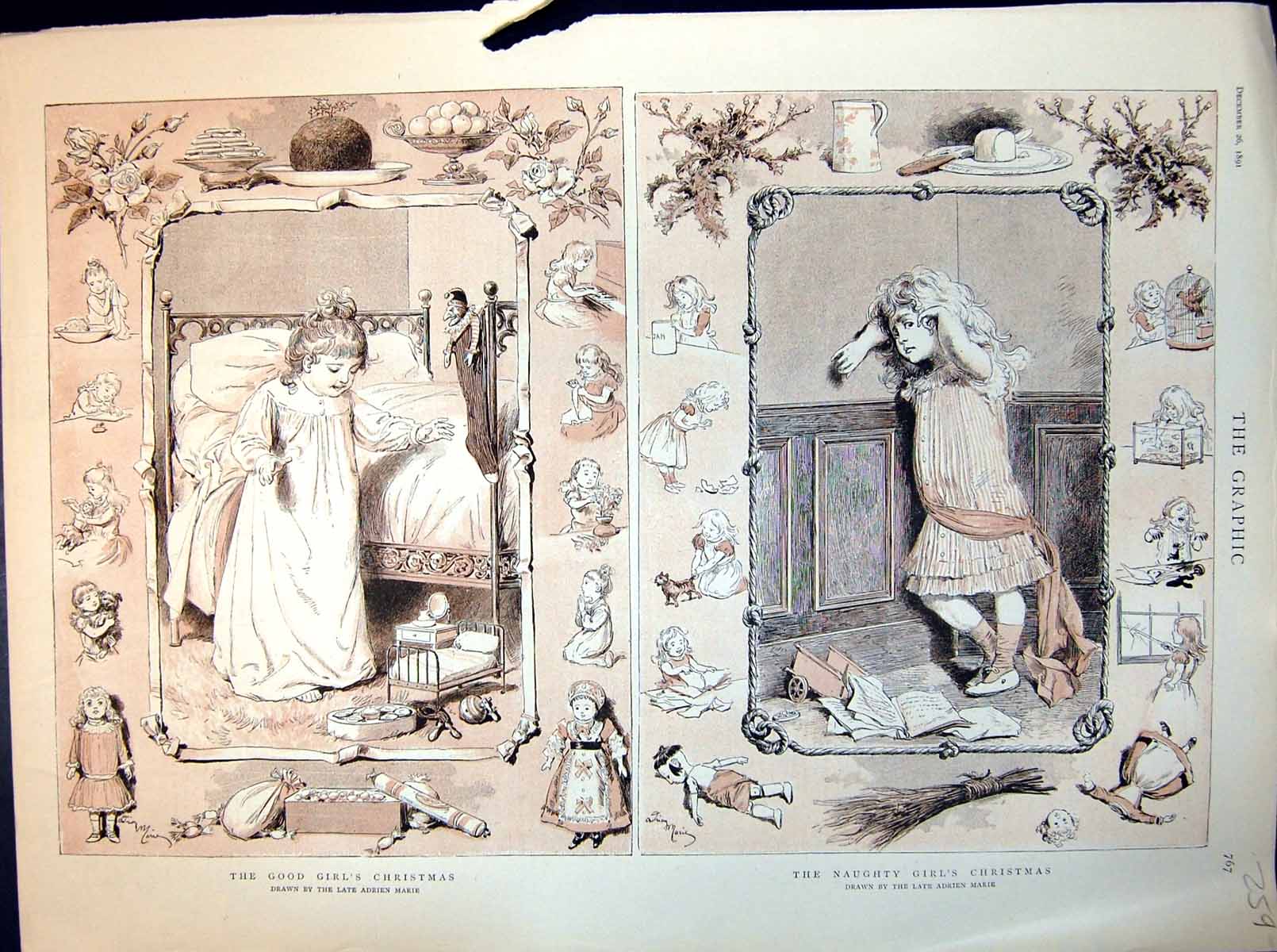 Old Print Good Girl'S Christmas Naughty Books Torn Cat'S Tail Pulled 1891 19th
