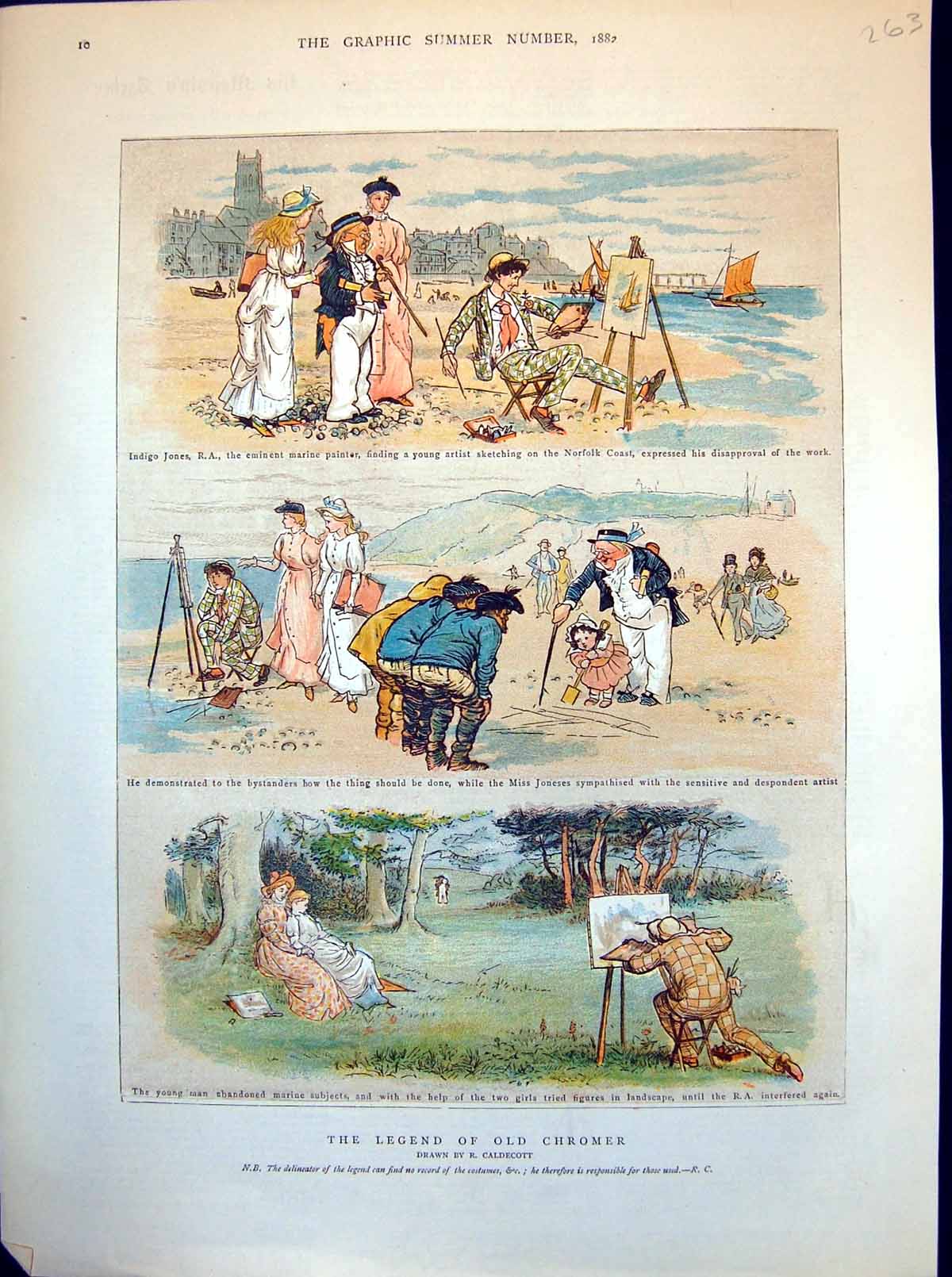 Original Old Antique Print Legend Chromer Norfolk Coast Sketching Ladies 1882