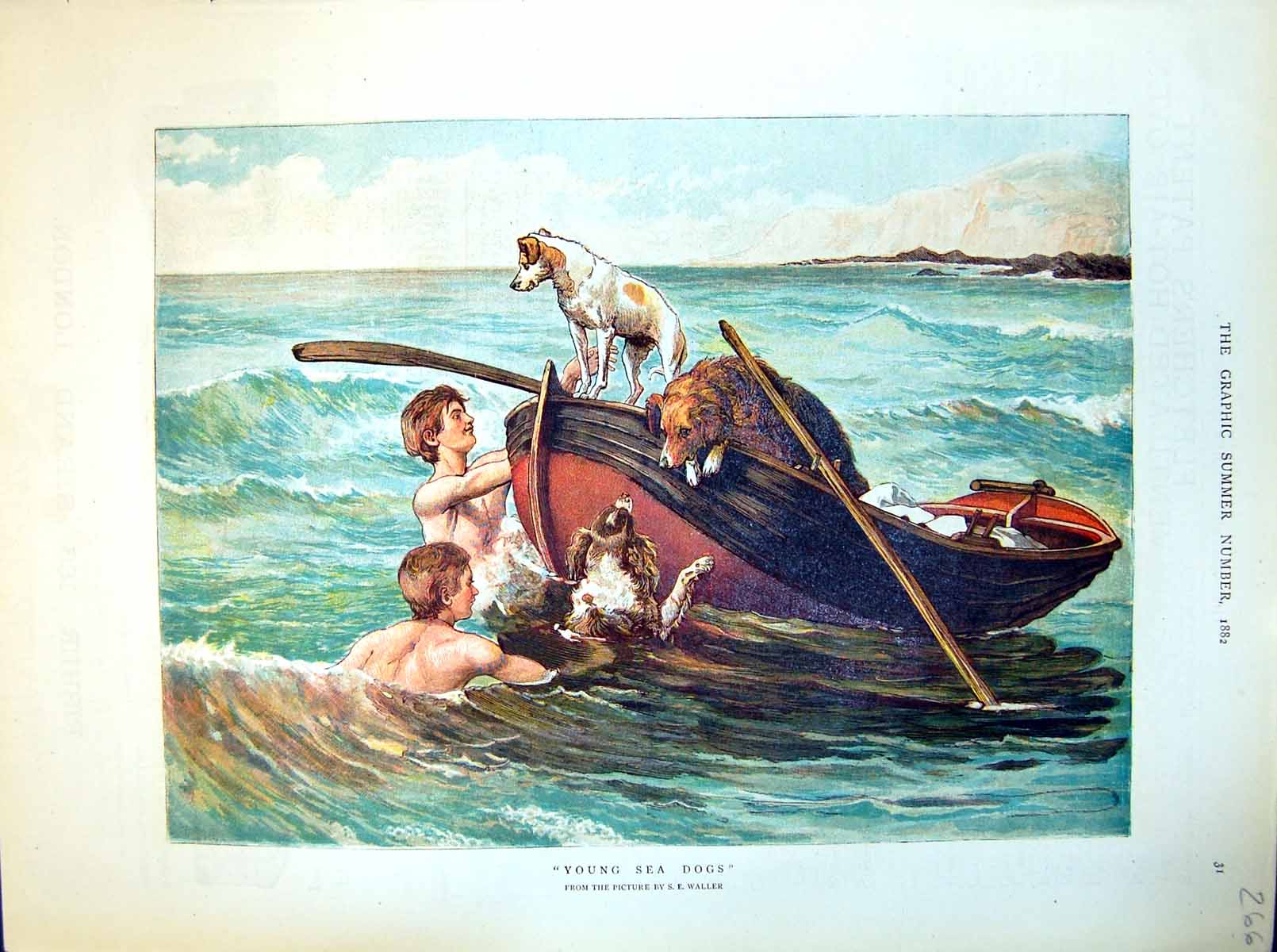 Old Antique Print Young Sea Dogs Lads Swimming Waves Dogs Boat Water 1882 19th