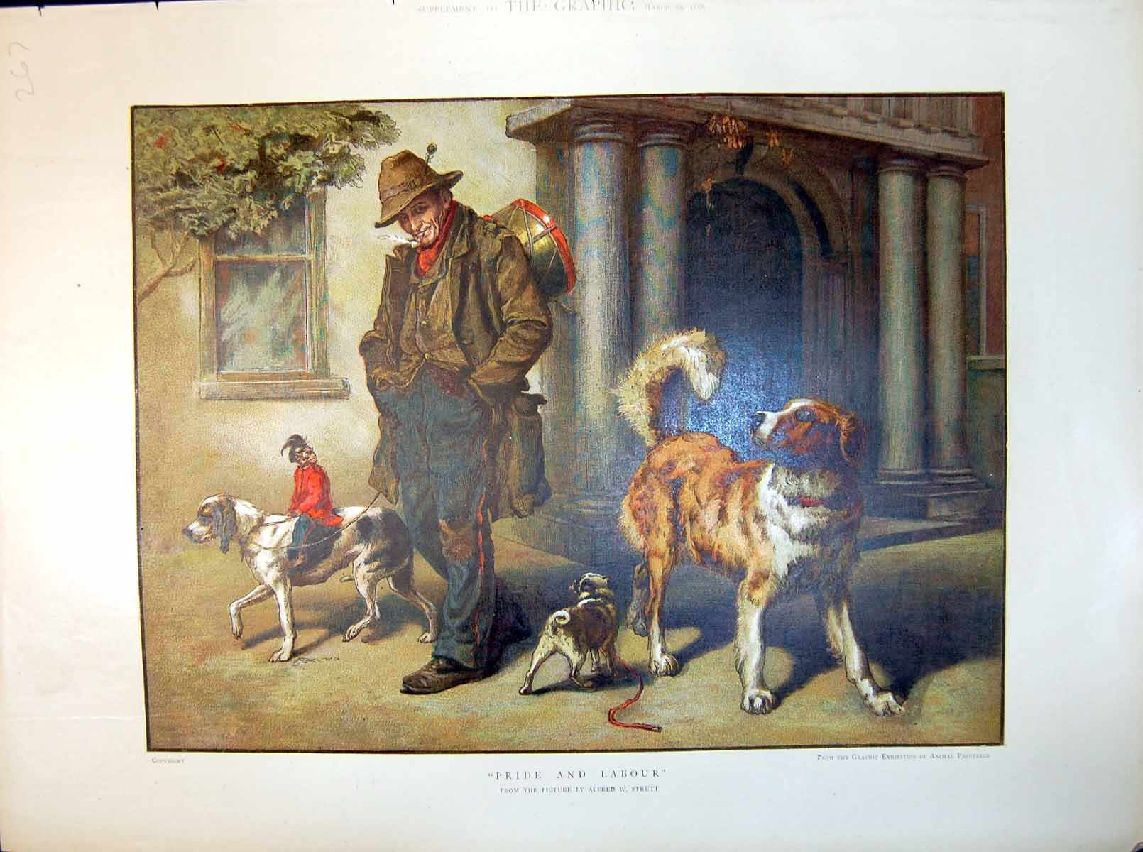 Old Print Alfred W Strutt Pride And Labour Man Pipe Drum Dogs Monkey 1886 19th