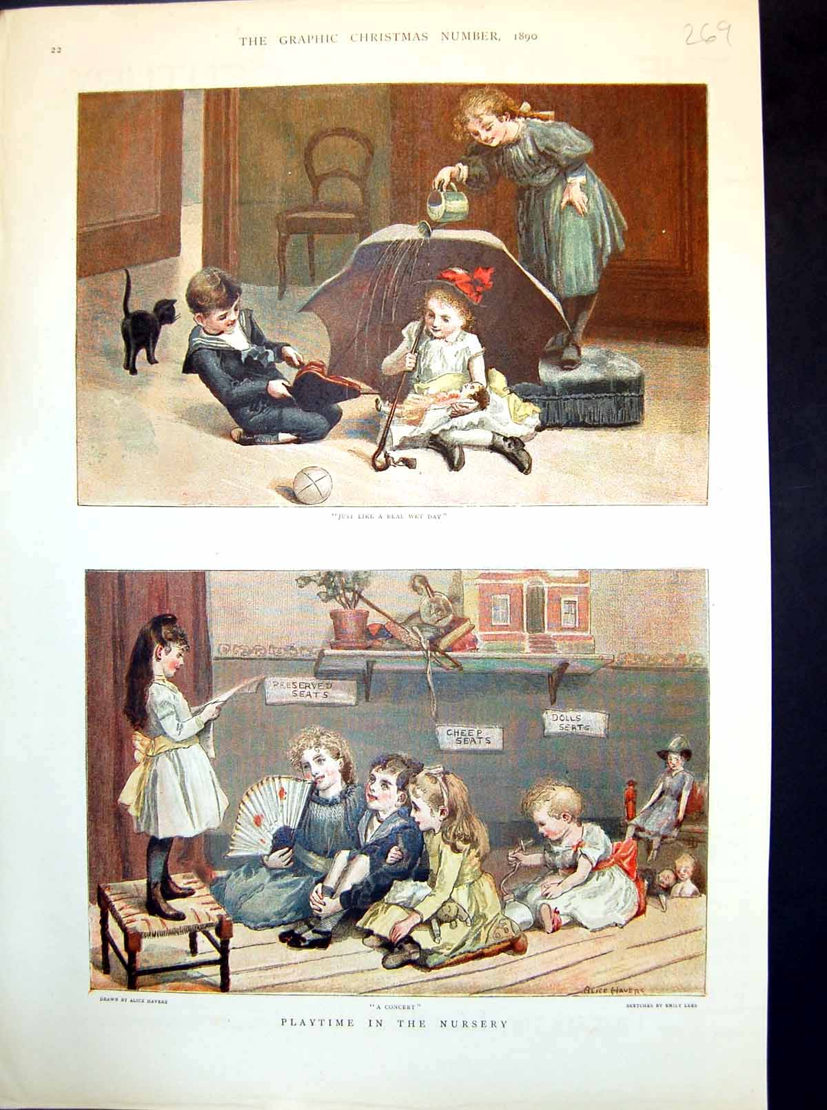 Old Print Playtime In The Nursery Umbrella Water A Concert Children 1890 19th