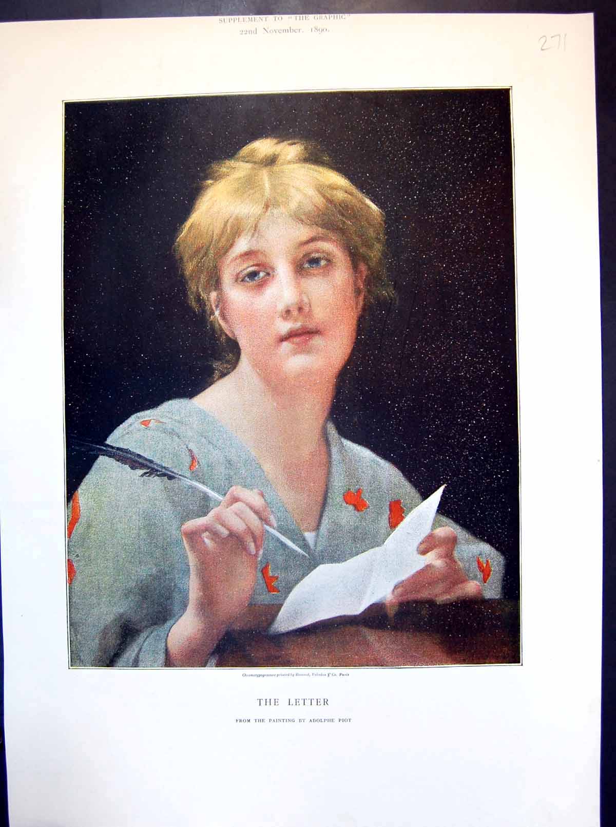 Old Print Letter From Painting By Adolphe Piot Young Lady Quill Pen 1890 19th