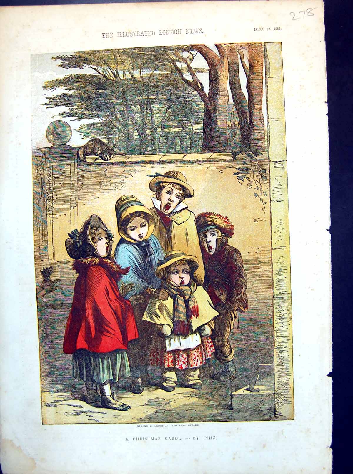 Original Old Antique Print A Christmas Carol By Phiz Five Children Singing 1855