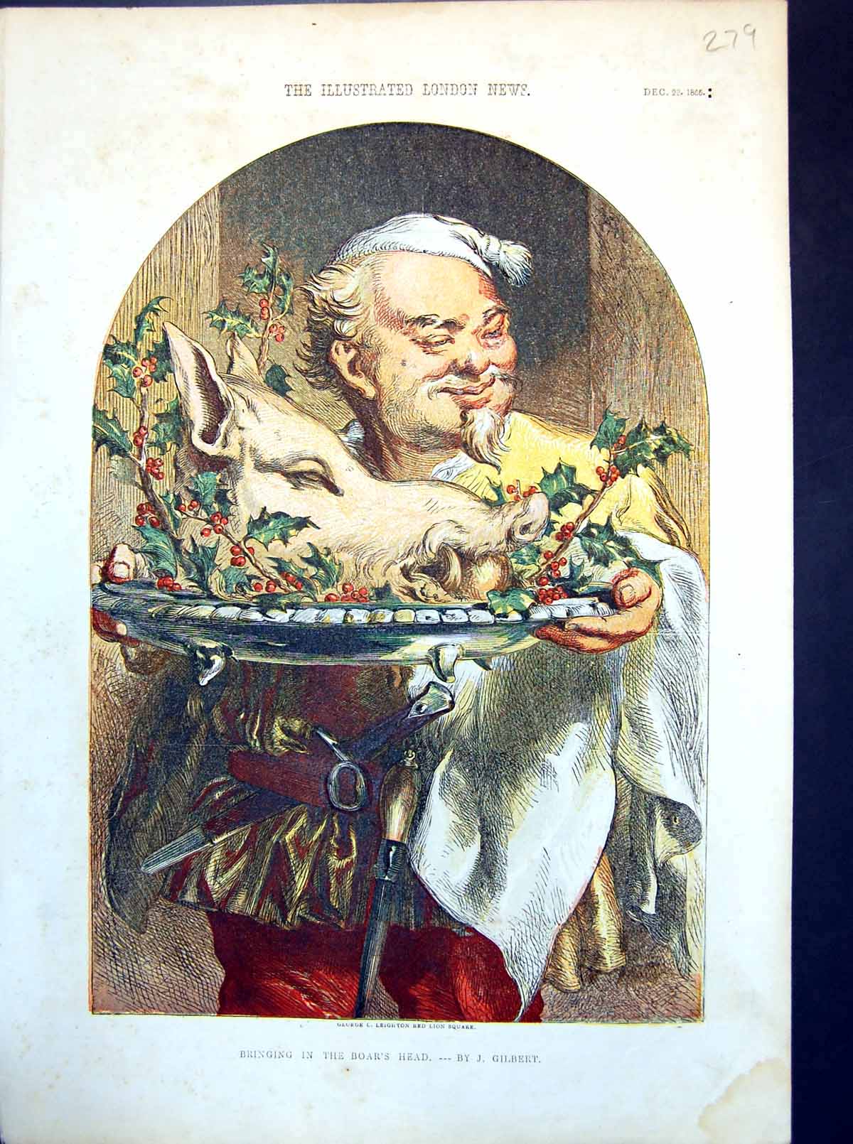 Old Print Bringing In The Boar'S Head J Gilbert Platter Holly Apple 1855 19th
