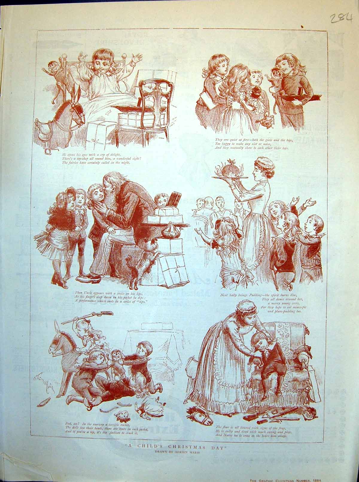 Antique Print A Child'S Christmas Day Toys Peace Sharing To Breakages 1884 19th