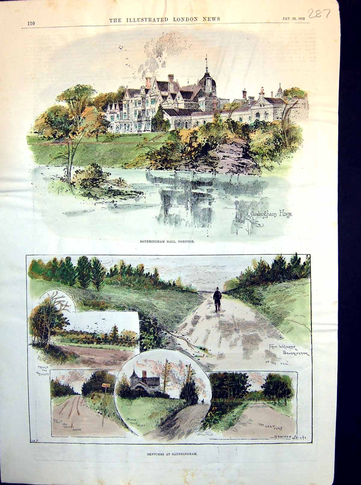 Antique Print Sketches Sandringham Hall Norfolk Hill Through Preserves 1892