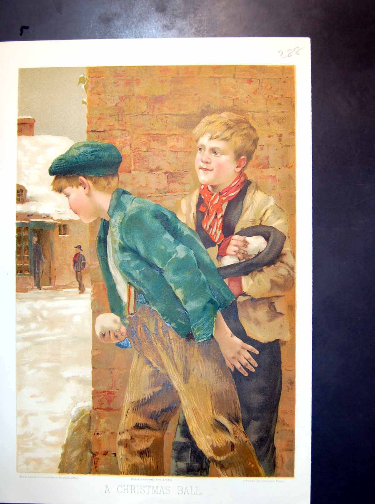 Old Print Christmas BallYoung Lads Hiding Corner Supply Snowballs 1887
